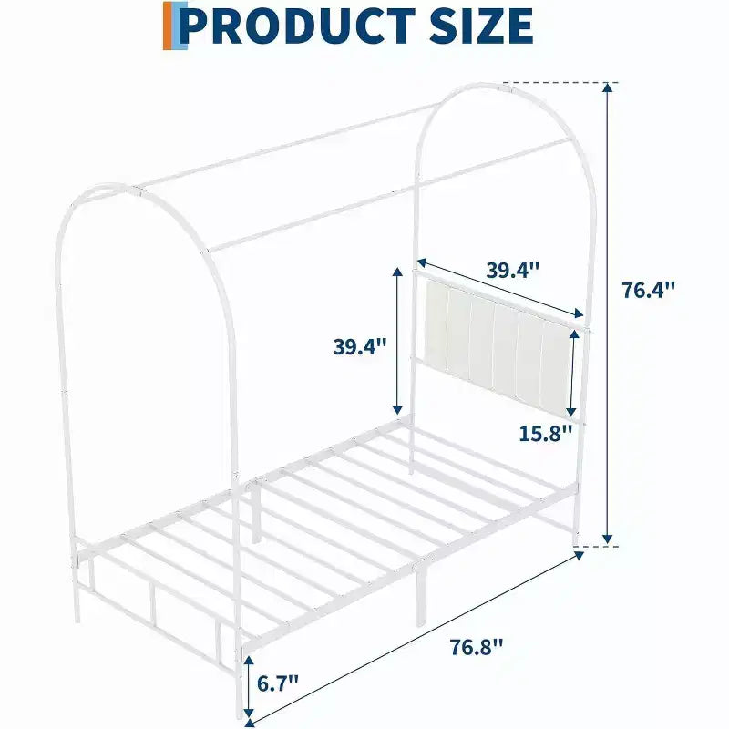 Acekool Twin Size Canopy Bed Frame with Upholstered Headboard, Metal Platform Kids Bed, Strong Slats, No Box Spring Needed