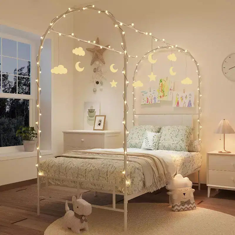 Acekool Twin Size Canopy Bed Frame with Upholstered Headboard, Metal Platform Kids Bed, Strong Slats, No Box Spring Needed