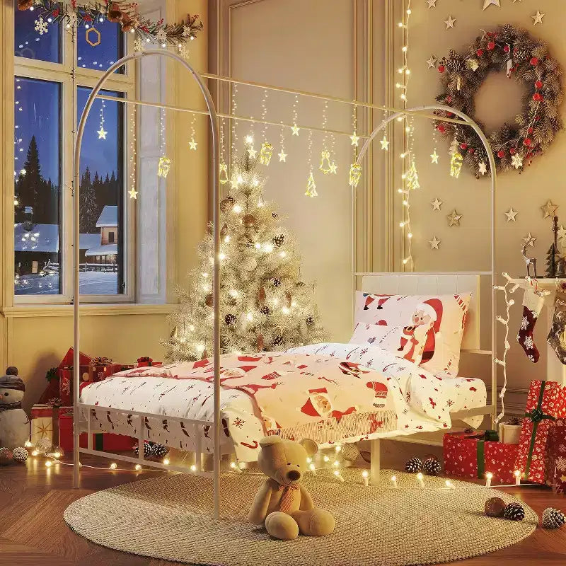 Acekool Twin Size Canopy Bed Frame with Upholstered Headboard, Metal Platform Kids Bed, Strong Slats, No Box Spring Needed