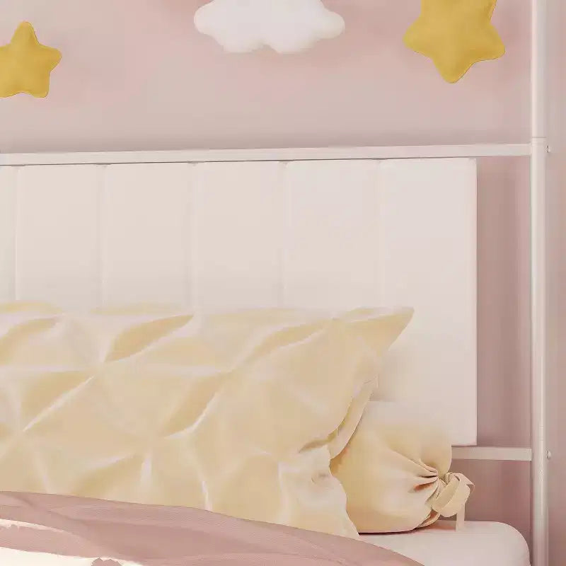Acekool Twin Size Canopy Bed Frame with Upholstered Headboard, Metal Platform Kids Bed, Strong Slats, No Box Spring Needed