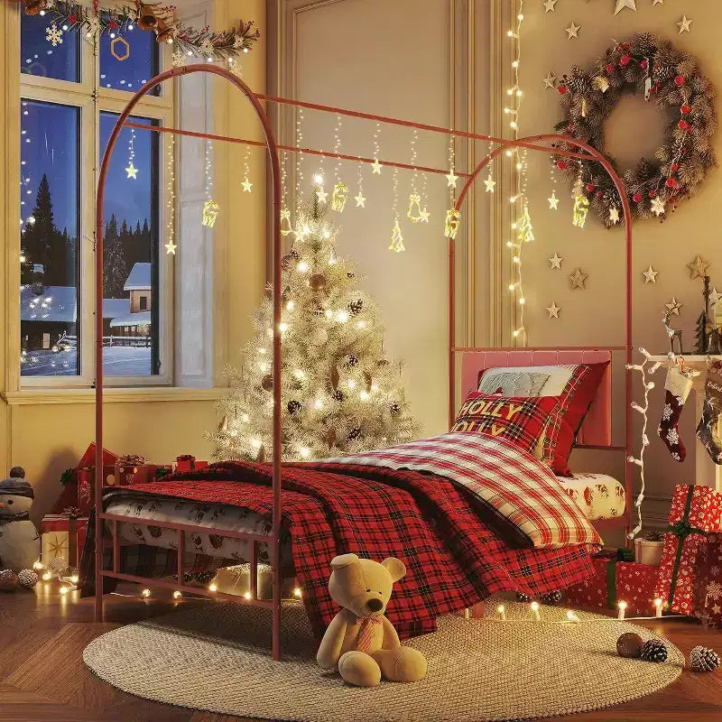 Acekool Twin Size Canopy Bed Frame with Upholstered Headboard, Metal Platform Kids Bed, Strong Slats, No Box Spring Needed