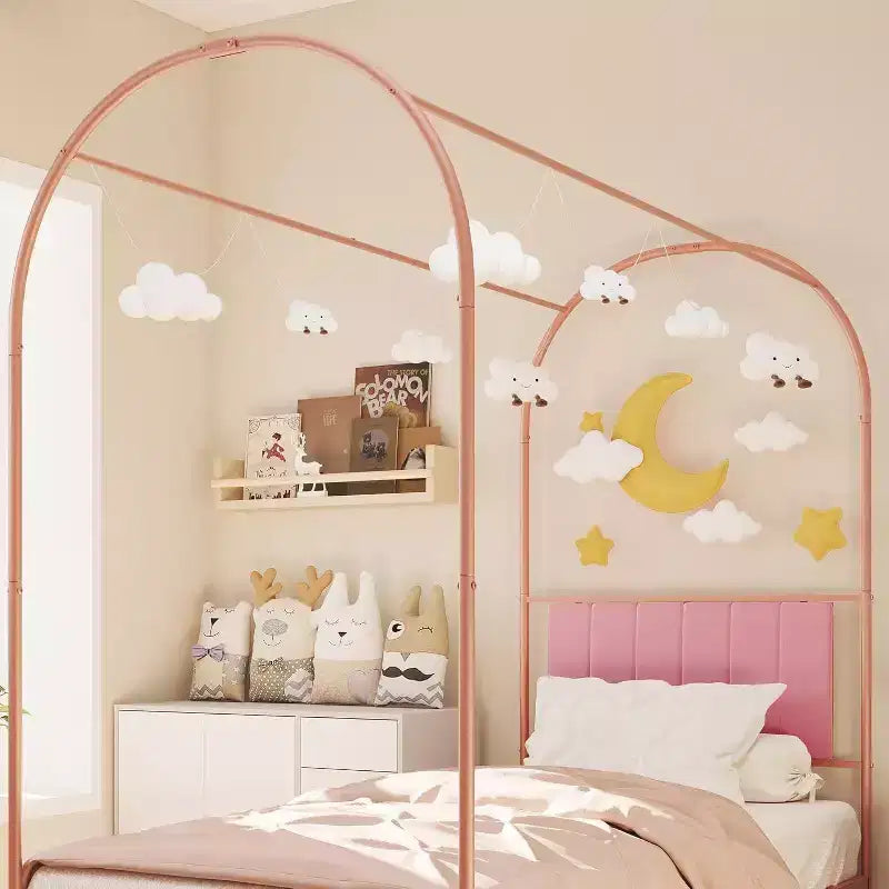 Acekool Twin Size Canopy Bed Frame with Upholstered Headboard, Metal Platform Kids Bed, Strong Slats, No Box Spring Needed