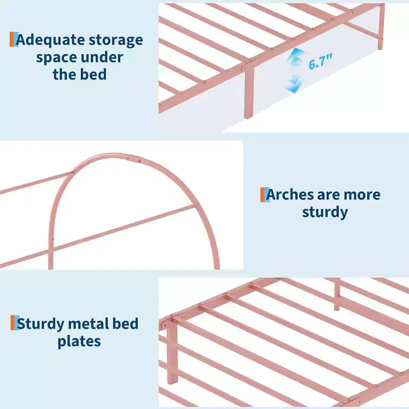Acekool Twin Size Canopy Bed Frame with Upholstered Headboard, Metal Platform Kids Bed, Strong Slats, No Box Spring Needed