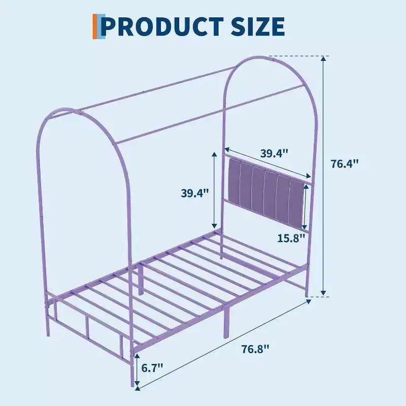 Acekool Twin Size Canopy Bed Frame with Upholstered Headboard, Metal Platform Kids Bed, Strong Slats, No Box Spring Needed