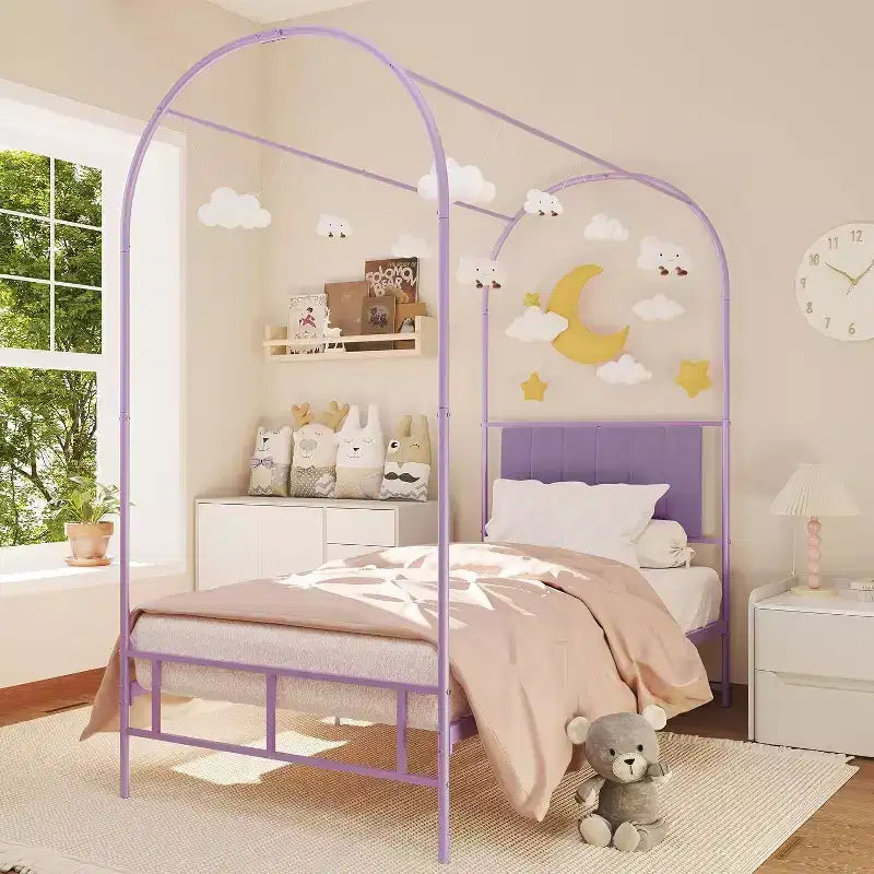 Acekool Twin Size Canopy Bed Frame with Upholstered Headboard, Metal Platform Kids Bed, Strong Slats, No Box Spring Needed