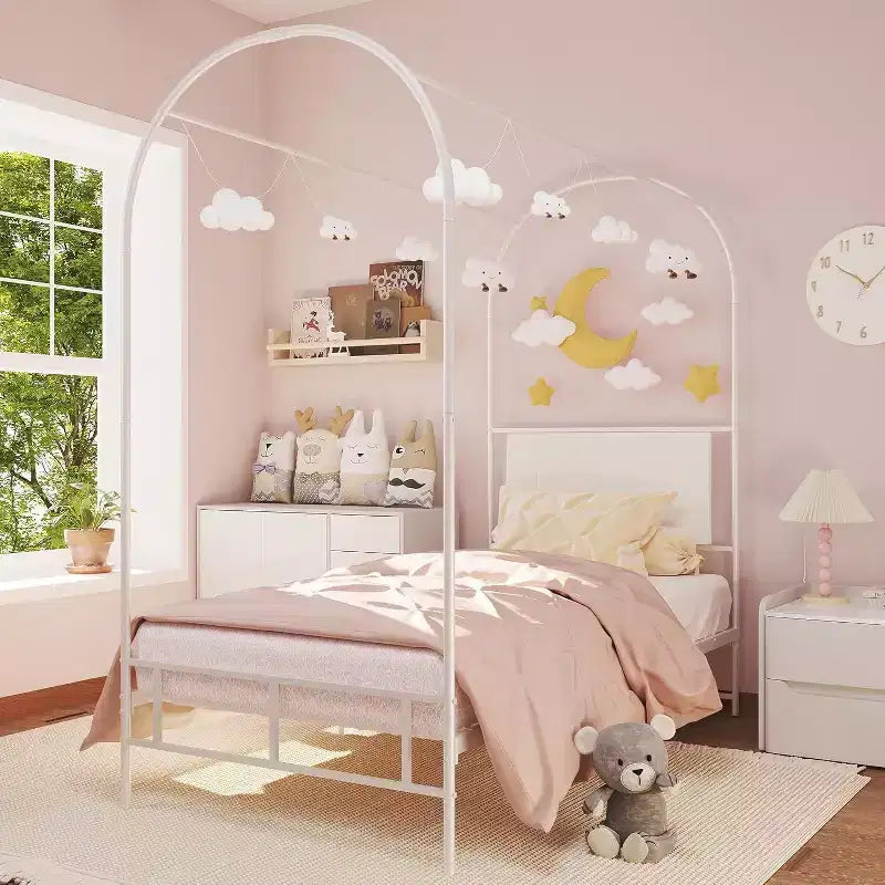 Acekool Twin Size Canopy Bed Frame with Upholstered Headboard, Metal Platform Kids Bed, Strong Slats, No Box Spring Needed