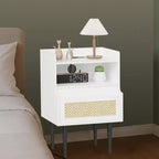 Comodini in Rattan Set da 2, Tavolino da Comodino Bianco, Tavolino da Fattoria con Cassetto e Ripiano Aperto, Tavolino Moderno per Camera da Leto, Soggiorno