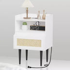 Comodini in Rattan Set da 2, Tavolino da Comodino Bianco, Tavolino da Fattoria con Cassetto e Ripiano Aperto, Tavolino Moderno per Camera da Leto, Soggiorno