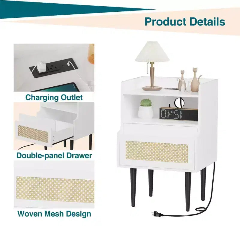 Comodini in Rattan Set da 2, Tavolino da Comodino Bianco, Tavolino da Fattoria con Cassetto e Ripiano Aperto, Tavolino Moderno per Camera da Leto, Soggiorno