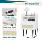 Comodini in Rattan Set da 2, Tavolino da Comodino Bianco, Tavolino da Fattoria con Cassetto e Ripiano Aperto, Tavolino Moderno per Camera da Leto, Soggiorno