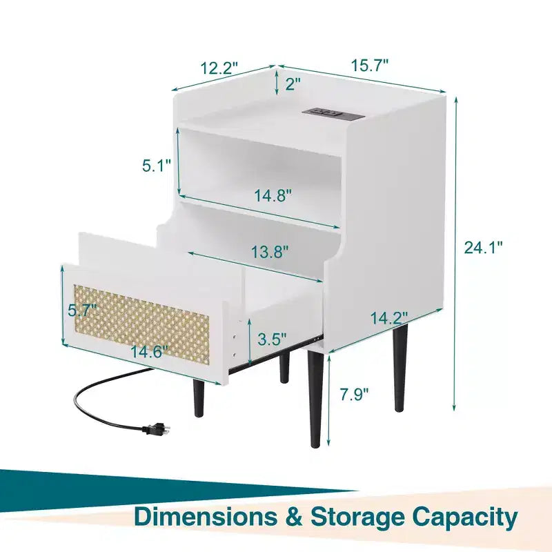 Comodini in Rattan Set da 2, Tavolino da Comodino Bianco, Tavolino da Fattoria con Cassetto e Ripiano Aperto, Tavolino Moderno per Camera da Leto, Soggiorno