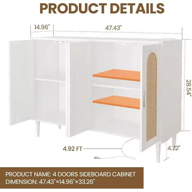 47.4 Rattan Sideboard Buffet Cabinet, Wooden Side board Accent Buffet With Power Outlet, Wood Sideboard With 4 Doors
