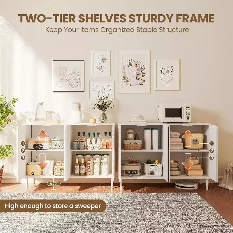 47.4 Rattan Sideboard Buffet Cabinet, Wooden Side board Accent Buffet With Power Outlet, Wood Sideboard With 4 Doors