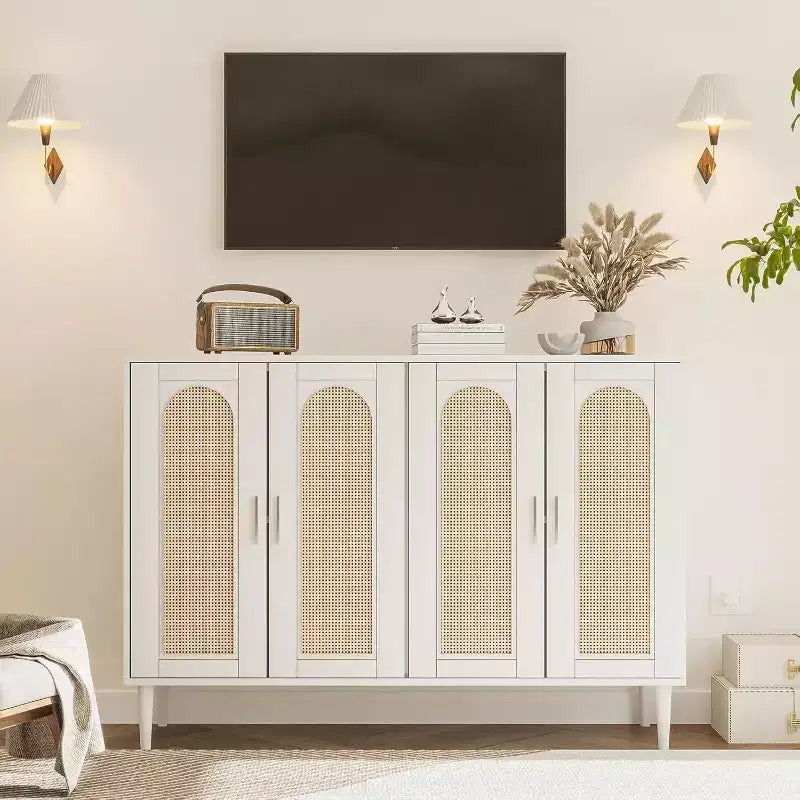 47.4 Rattan Sideboard Buffet Cabinet, Wooden Side board Accent Buffet With Power Outlet, Wood Sideboard With 4 Doors