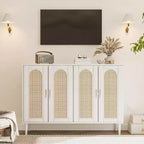 47.4 Rattan Sideboard Buffet Cabinet, Wooden Side board Accent Buffet With Power Outlet, Wood Sideboard With 4 Doors