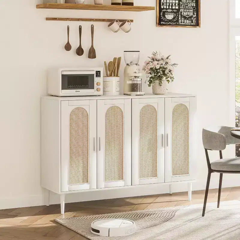 47.4 Rattan Sideboard Buffet Cabinet, Wooden Side board Accent Buffet With Power Outlet, Wood Sideboard With 4 Doors