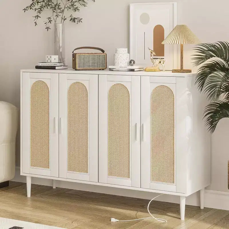 47.4 Rattan Sideboard Buffet Cabinet, Wooden Side board Accent Buffet With Power Outlet, Wood Sideboard With 4 Doors