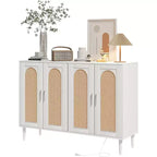 47.4 Rattan Sideboard Buffet Cabinet, Wooden Side board Accent Buffet With Power Outlet, Wood Sideboard With 4 Doors