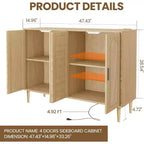 47.4 Rattan Sideboard Buffet Cabinet, Wooden Side board Accent Buffet With Power Outlet, Wood Sideboard With 4 Doors