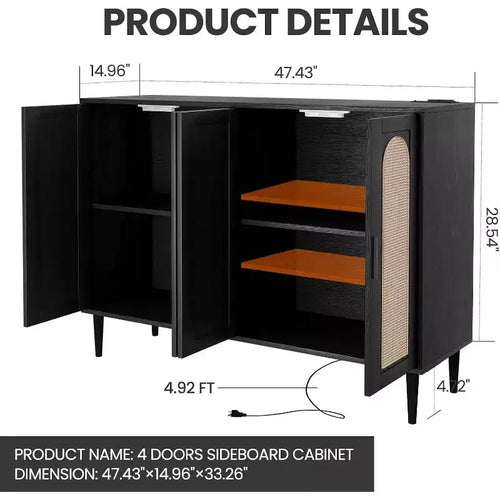 47,4 Credenza in rattan, buffet, mobile in legno con presa di corrente, credenza in legno con 4 ante