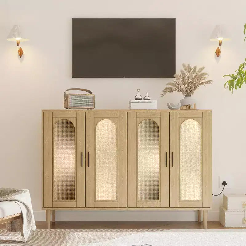 47.4 Rattan Sideboard Buffet Cabinet, Wooden Side board Accent Buffet With Power Outlet, Wood Sideboard With 4 Doors