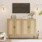 47.4 Rattan Sideboard Buffet Cabinet, Wooden Side board Accent Buffet With Power Outlet, Wood Sideboard With 4 Doors