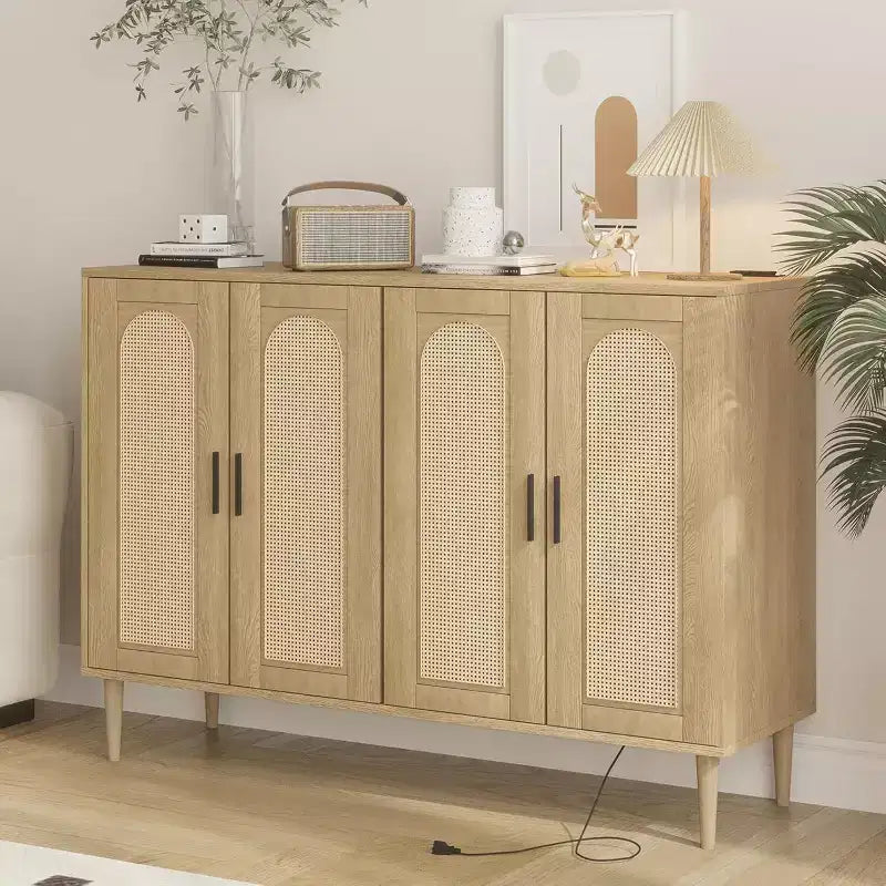 47.4 Rattan Sideboard Buffet Cabinet, Wooden Side board Accent Buffet With Power Outlet, Wood Sideboard With 4 Doors
