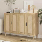 47.4 Rattan Sideboard Buffet Cabinet, Wooden Side board Accent Buffet With Power Outlet, Wood Sideboard With 4 Doors