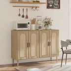 47.4 Rattan Sideboard Buffet Cabinet, Wooden Side board Accent Buffet With Power Outlet, Wood Sideboard With 4 Doors