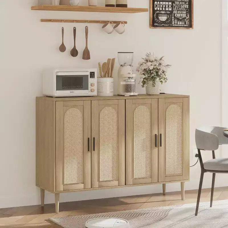 47.4 Rattan Sideboard Buffet Cabinet, Wooden Side board Accent Buffet With Power Outlet, Wood Sideboard With 4 Doors