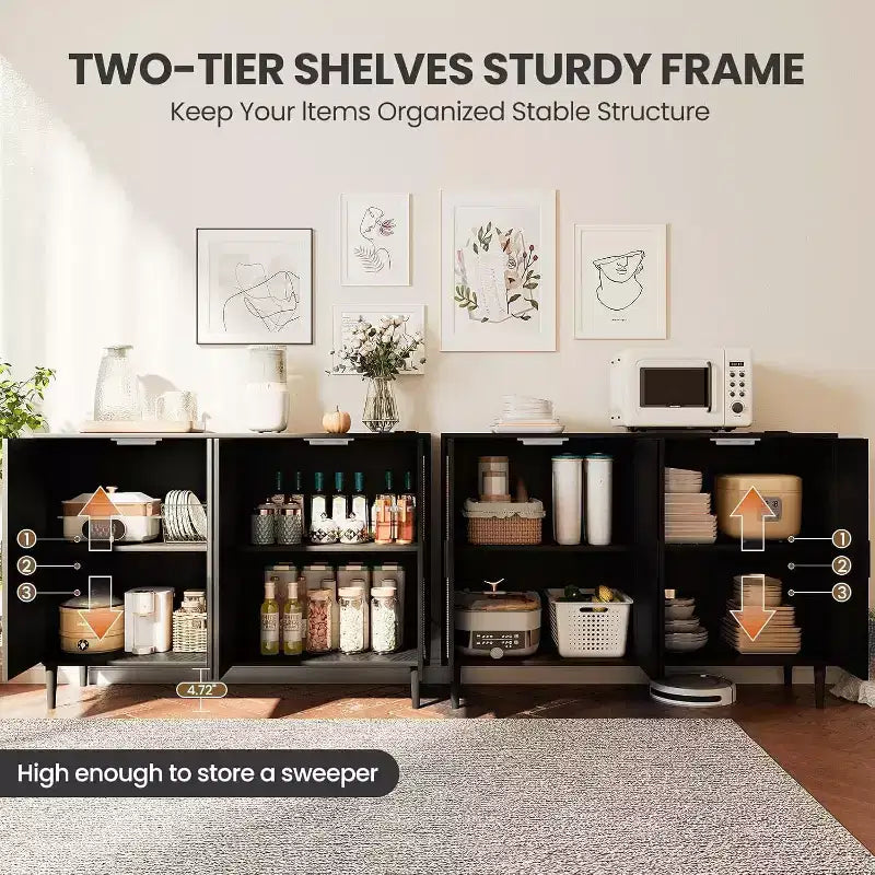 47.4 Rattan Sideboard Buffet Cabinet, Wooden Side board Accent Buffet With Power Outlet, Wood Sideboard With 4 Doors