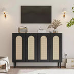 47.4 Rattan Sideboard Buffet Cabinet, Wooden Side board Accent Buffet With Power Outlet, Wood Sideboard With 4 Doors