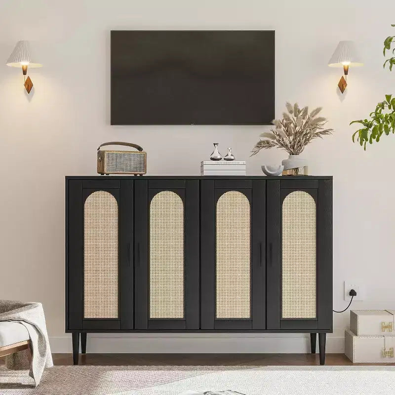 47.4 Rattan Sideboard Buffet Cabinet, Wooden Side board Accent Buffet With Power Outlet, Wood Sideboard With 4 Doors