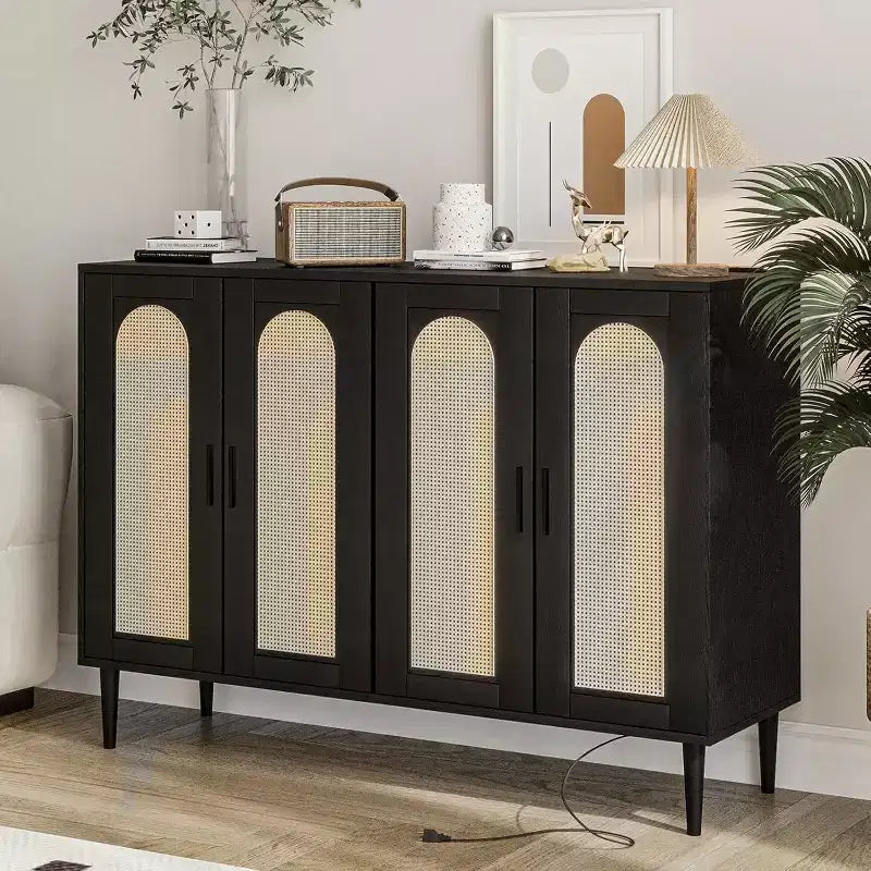 47.4 Rattan Sideboard Buffet Cabinet, Wooden Side board Accent Buffet With Power Outlet, Wood Sideboard With 4 Doors