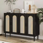 47.4 Rattan Sideboard Buffet Cabinet, Wooden Side board Accent Buffet With Power Outlet, Wood Sideboard With 4 Doors