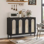 47.4 Rattan Sideboard Buffet Cabinet, Wooden Side board Accent Buffet With Power Outlet, Wood Sideboard With 4 Doors
