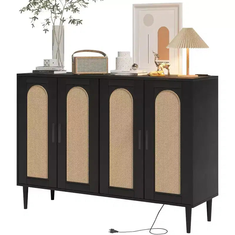 47.4 Rattan Sideboard Buffet Cabinet, Wooden Side board Accent Buffet With Power Outlet, Wood Sideboard With 4 Doors