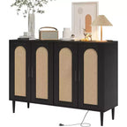 47.4 Rattan Sideboard Buffet Cabinet, Wooden Side board Accent Buffet With Power Outlet, Wood Sideboard With 4 Doors