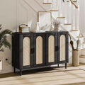 47.4 Rattan Sideboard Buffet Cabinet, Wooden Side board Accent Buffet With Power Outlet, Wood Sideboard With 4 Doors