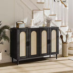 47.4 Rattan Sideboard Buffet Cabinet, Wooden Side board Accent Buffet With Power Outlet, Wood Sideboard With 4 Doors