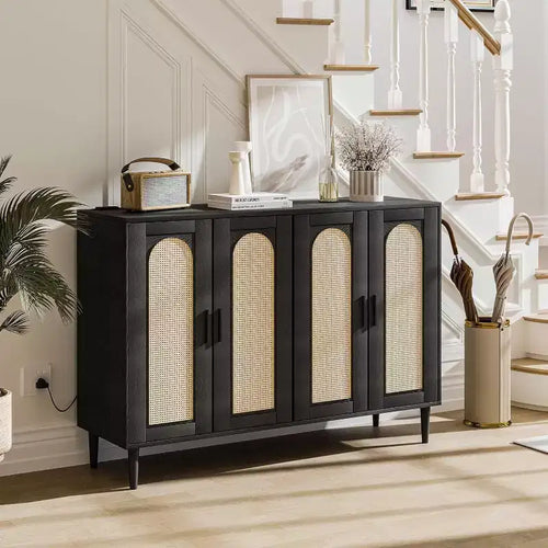 47.4 Rattan Sideboard Buffet Cabinet, Wooden Side board Accent Buffet With Power Outlet, Wood Sideboard With 4 Doors