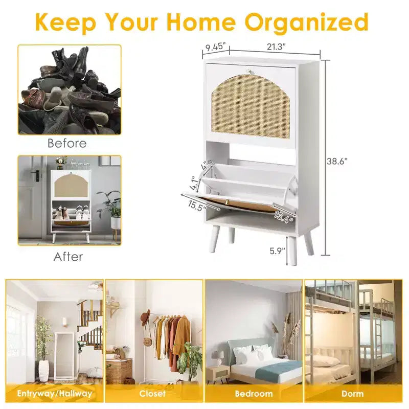 Karl Home 2 Flip Drawers White Particle Board 38.58in. W Shoe Cabinets