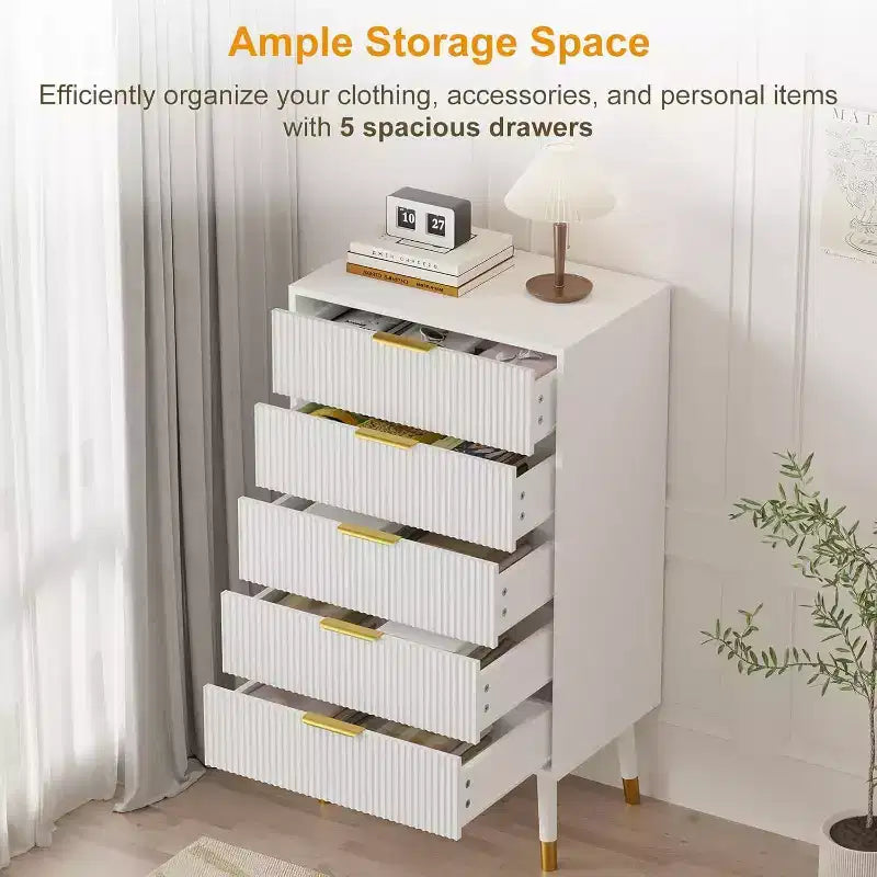 Cassettiera a 5 cassetti scanalati - Mobile contenitore moderno con accenti dorati per camera da letto e soggiorno