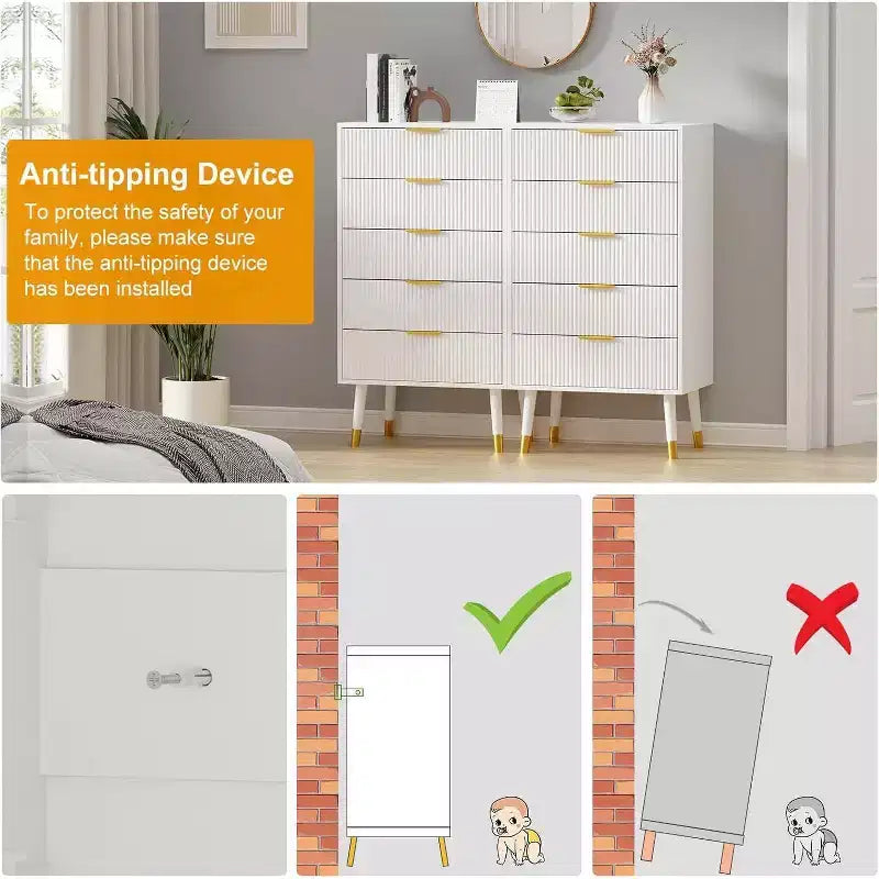 Cassettiera a 5 cassetti scanalati - Mobile contenitore moderno con accenti dorati per camera da letto e soggiorno
