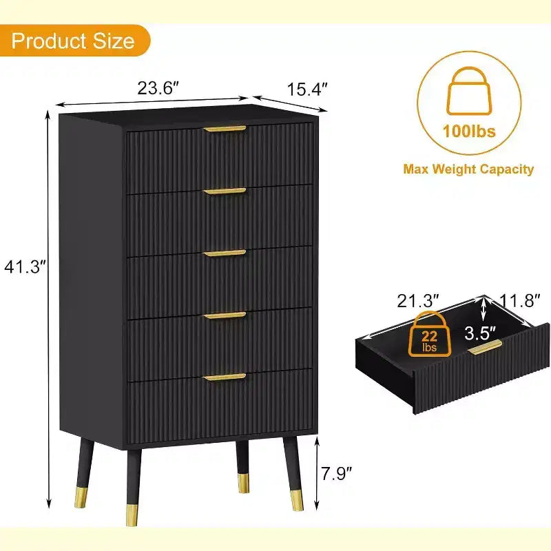 Cassettiera a 5 cassetti scanalati - Mobile contenitore moderno con accenti dorati per camera da letto e soggiorno