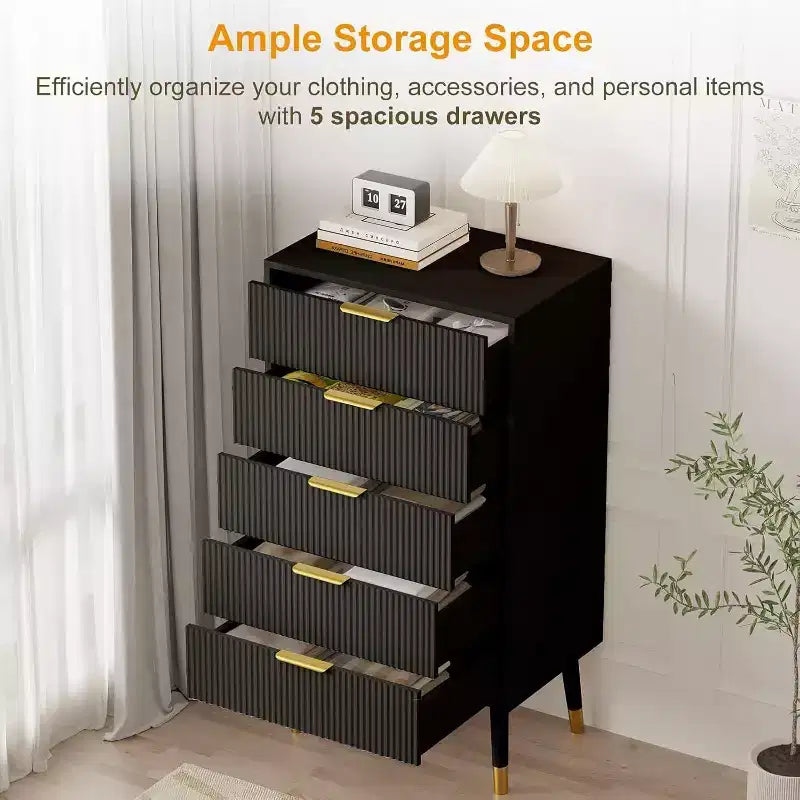 Cassettiera a 5 cassetti scanalati - Mobile contenitore moderno con accenti dorati per camera da letto e soggiorno