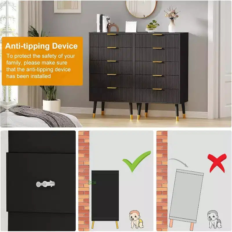Cassettiera a 5 cassetti scanalati - Mobile contenitore moderno con accenti dorati per camera da letto e soggiorno