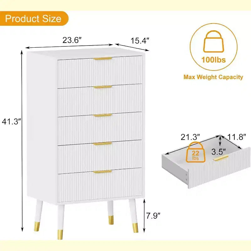 Cassettiera a 5 cassetti scanalati - Mobile contenitore moderno con accenti dorati per camera da letto e soggiorno