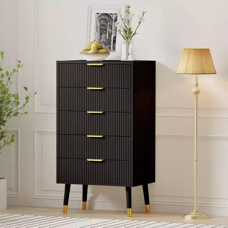 Fluted 5-Drawer Dresser - Gold Accent Modern Storage Cabinet for Bedroom & Living Room