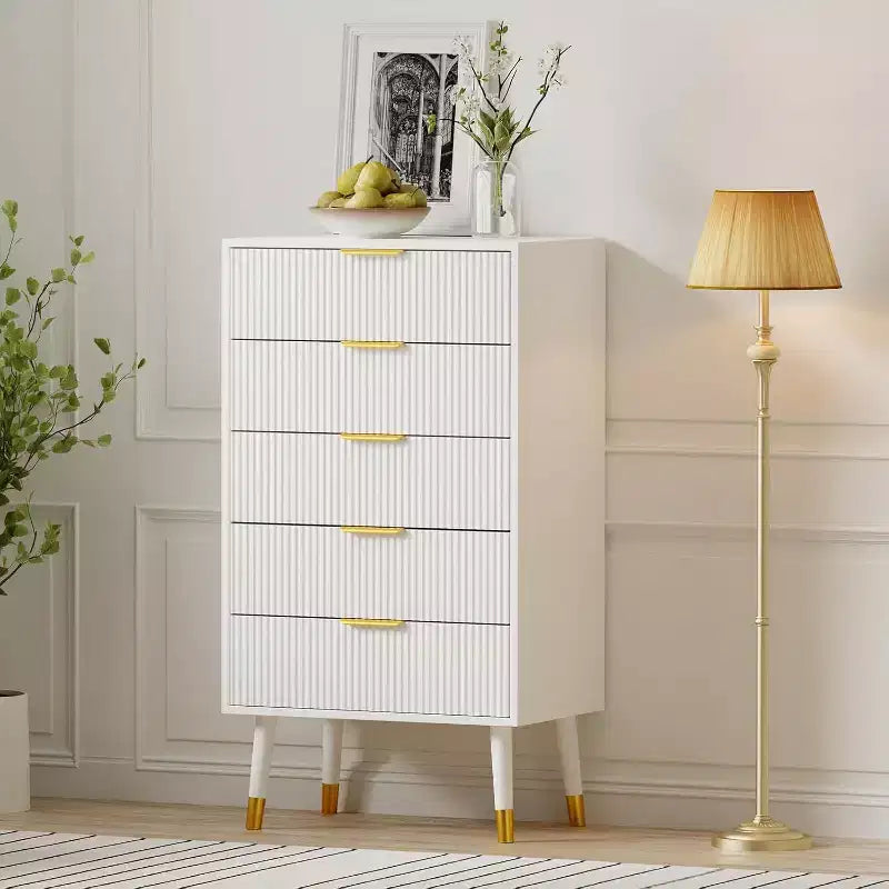 Cassettiera a 5 cassetti scanalati - Mobile contenitore moderno con accenti dorati per camera da letto e soggiorno